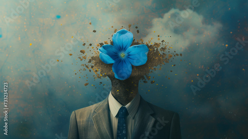 Conceptual art of a man in a suit with a blue flower for a head against a starry sky #733234723