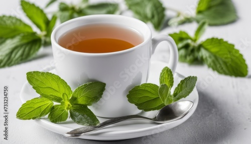 A cup of tea with mint leaves on a saucer