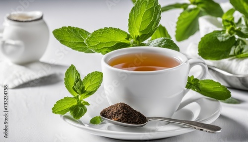A cup of tea with mint leaves on a white plate