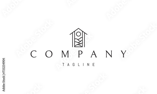 Vector logo with an abstract image of a house with waves and the sun in a linear style.