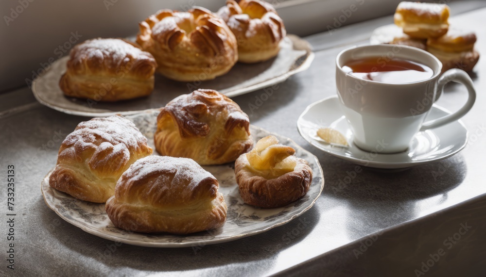 A plate of pastries and a cup of tea