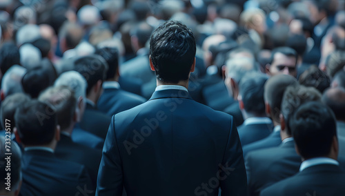 a person standing in a crowd watching another man in a business suit