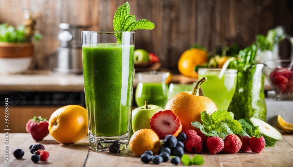 A glass of green juice with a green leaf on top A glass of green juice with a green leaf on top