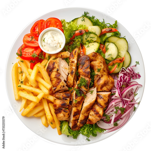 Dajaj chicken Shawarma platter with fries and salad served in dish isolated on white top view