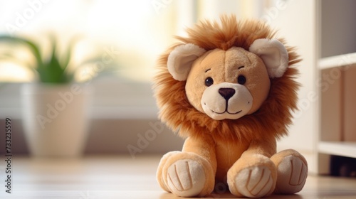 Cute lion plush toy, closeup.