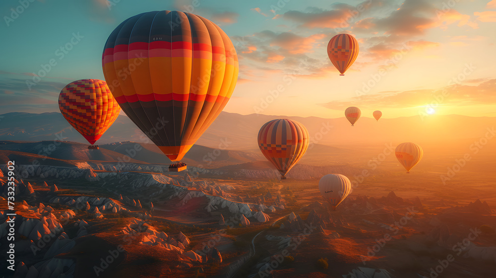 Obraz premium Hot air balloons flying in the sky during sunrise over beautiful landscape with hills and valleys.