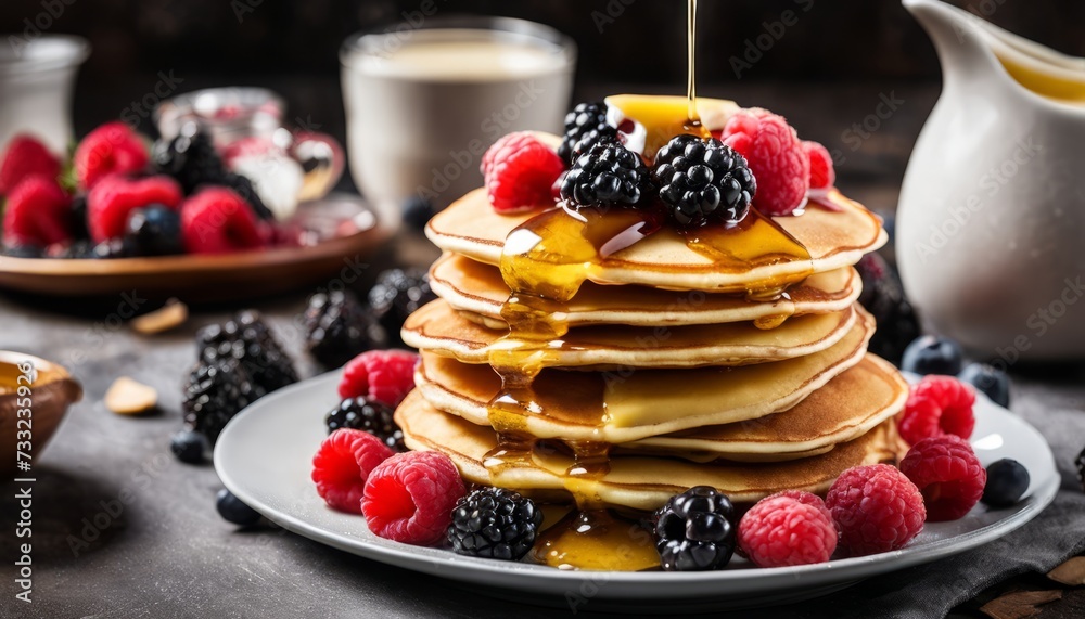 A stack of pancakes with raspberries and blueberries on top A stack of pancakes with raspberries and blueberries on top