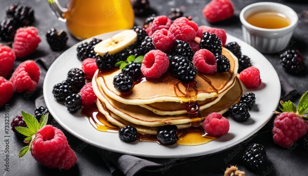 A plate of pancakes with blackberries and raspberries on top A plate of pancakes with blackberries and raspberries on top