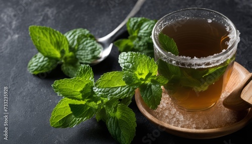 A glass of tea with mint leaves on top