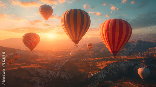Hot air balloons flying in the sky during sunrise over beautiful landscape with hills and valleys. photo
