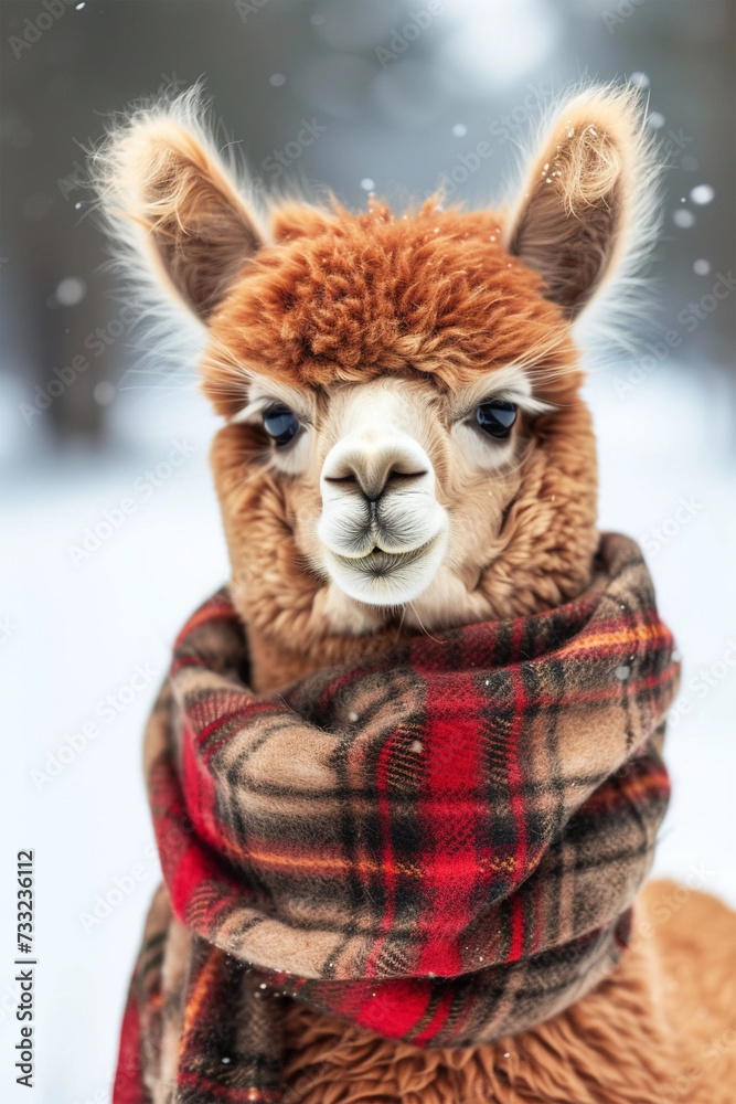 Closeup portrait of cute alpaca in plaid scarf in winter