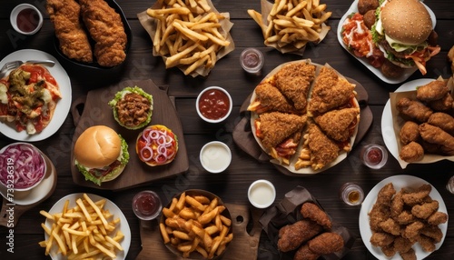 A table full of food including fries, burgers, and chicken