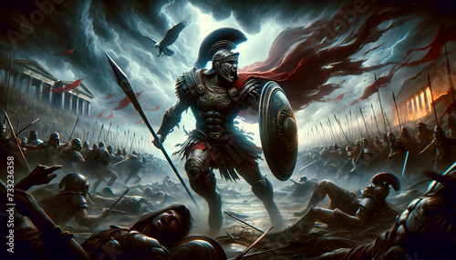 illustration of Mars, the Roman god of war, set in the midst of a fierce battlefield photo