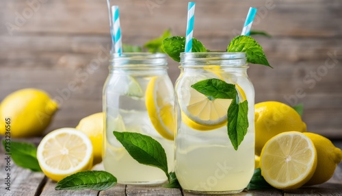 Two glasses of lemonade with lemon slices and mint leaves