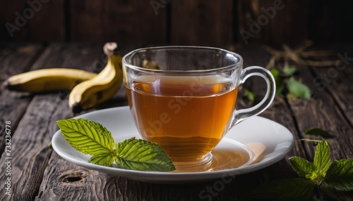 A cup of tea with a green leaf on a plate