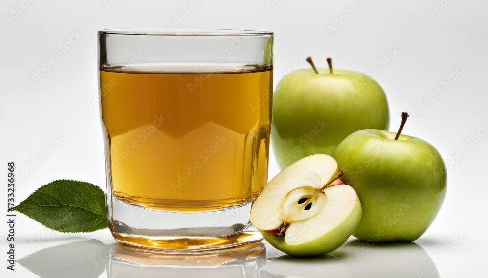 A glass of apple juice with a few apples on the side A glass of apple juice with a few apples on the side