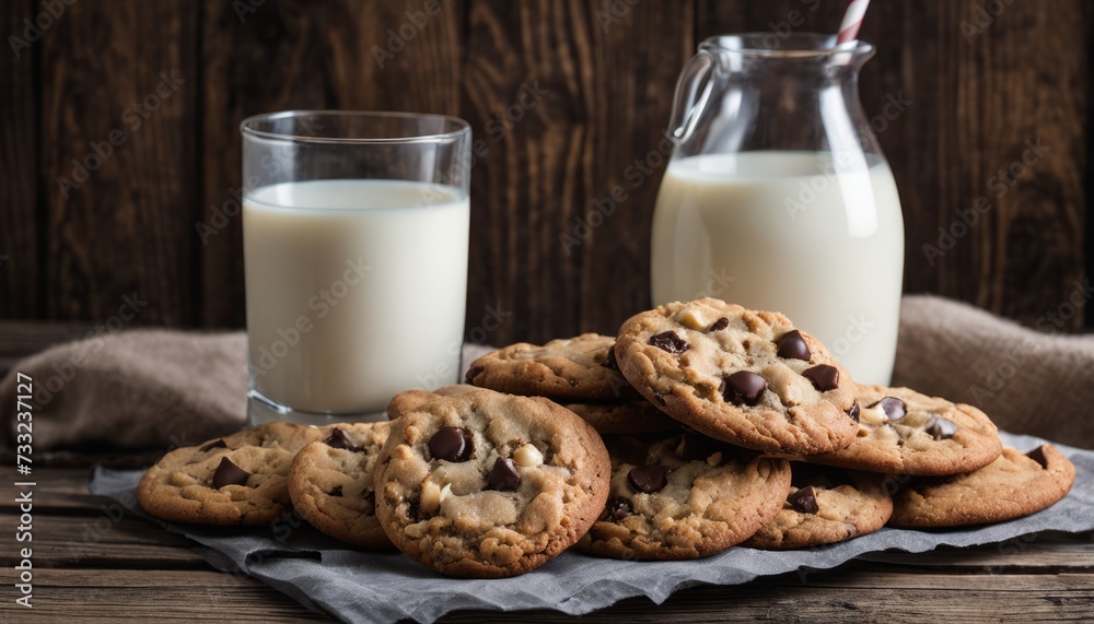 A stack of chocolate chip cookies on a table with a glass of milk A stack of chocolate chip cookies on a table with a glass of milk