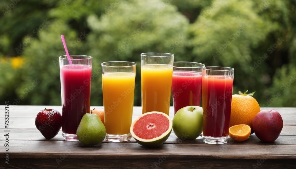 Four glasses of juice and fruit on a table