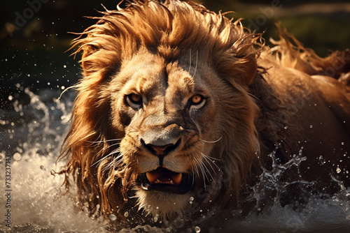 Close-up of the lion running through water.
