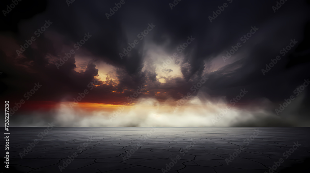 Dark concrete floor background infinite horizon sky panoramic scene