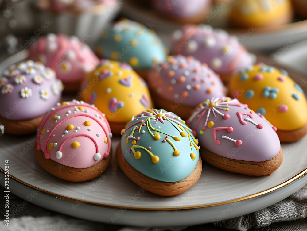 Obraz premium A slate tray with colorful frosted Easter egg cookies on top.