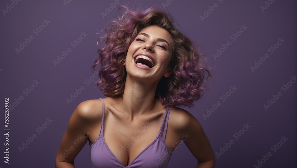gorgeous woman laughs on minimal purple HDR background, woman smile model fashion, hair model, makeup artist, beauty eyes, soft skin, healthy, womans day gorgeous woman laughs on minimal purple HDR background, woman smile model fashion, hair model, makeup artist, beauty eyes, soft skin, healthy, womans day