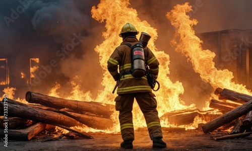 Inferno Battle: Fearless Fireman Confronts Raging Timber Blaze