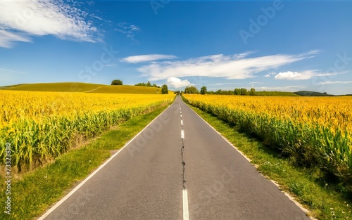 A road with cornfields on either side. Idyllic landscape