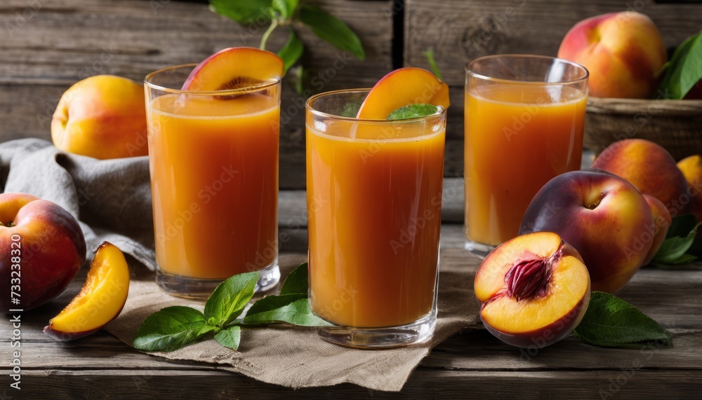Three glasses of peach juice with peaches on the table Three glasses of peach juice with peaches on the table