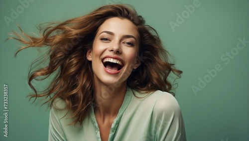 gorgeous woman laughs on minimal green HDR background, woman smile model fashion, hair model, makeup artist, beauty eyes, soft skin, healthy, womans day
