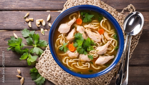 A bowl of soup with noodles, chicken, and carrots