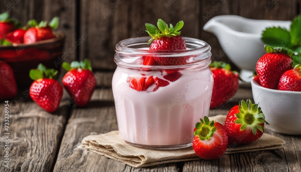 A jar of strawberry yogurt with strawberries on top A jar of strawberry yogurt with strawberries on top