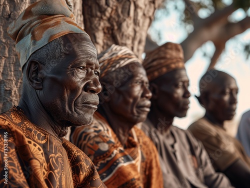 A group of African elders in profile, dressed in traditional attire with distinctive headwraps.