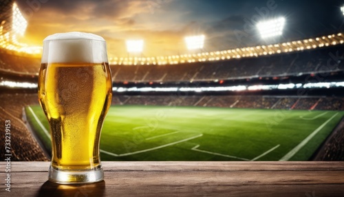 A glass of beer sits on a table in front of a stadium