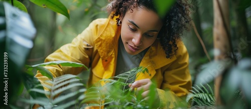 Portrait a young woman scientist examining plants in forest at sunny day. Generated AI image photo
