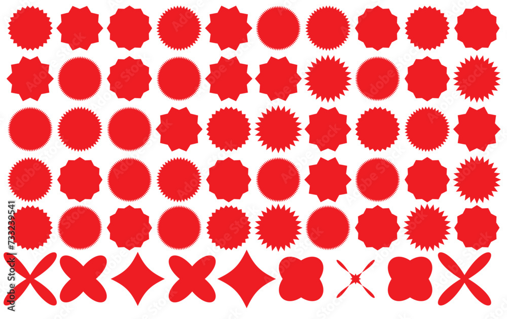 Set of red starburst. Price sticker, sale sticker, price tag, starburst, quality mark, retro stars, sale or discount sticker, sunburst badges, sun ray frames, promotional badge set, shopping labels Set of red starburst. Price sticker, sale sticker, price tag, starburst, quality mark, retro stars, sale or discount sticker, sunburst badges, sun ray frames, promotional badge set, shopping labels
