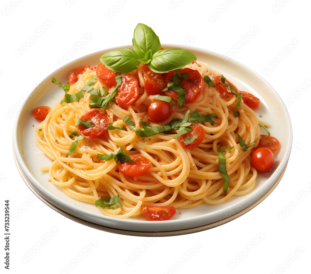 Spaghetti or pasta with tomato sauce and fresh green basil on a white plate isolated on a transparent background - top view