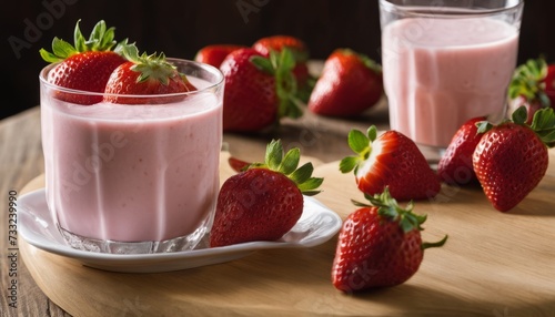 A table with a glass of strawberry milkshake and strawberries