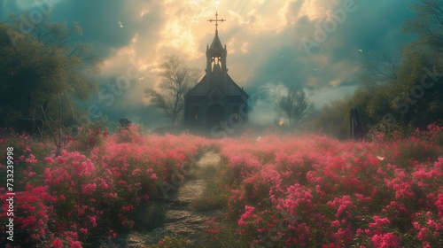Kościół z krzyżem toczony różowymi kwiatami photo