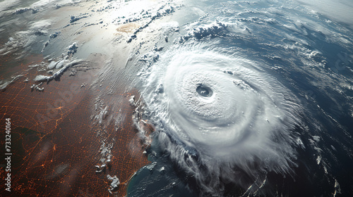 An aerial view of a massive hurricane approaching a coastal city.