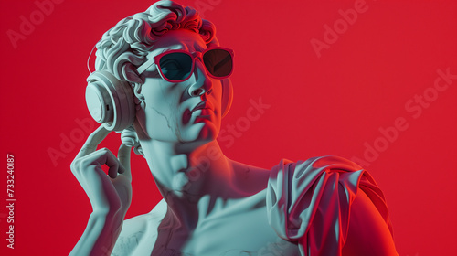 Modern twist on classical sculpture with David wearing sunglasses and headphones