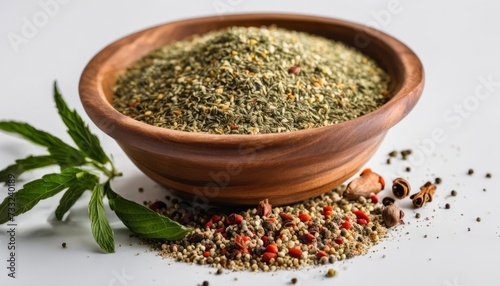 A wooden bowl filled with spices and herbs