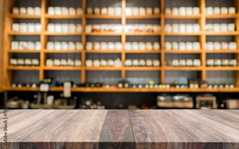 Empty top wood shelves and blurred coffee shop cafe background. product display template