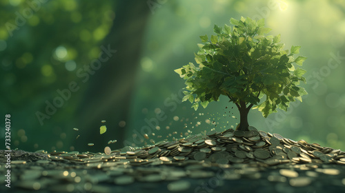 Conceptual representation of financial growth with tree sprouting from a pile of coins photo