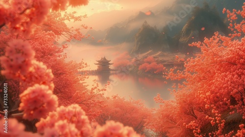 Na obrazie przedstawione jest jezioro otoczone różowymi kwiatami, rozpoczynającą się wiosną w stylu azjatyckiej natury. Tapeta
