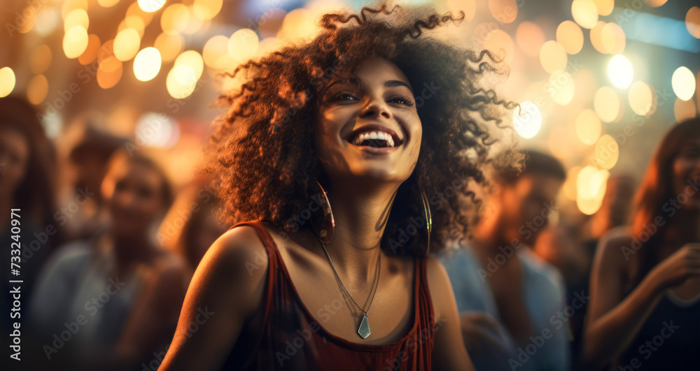 Joyful woman with curly hair dancing at a festival, immersed in a crowd with golden lights, embodying the vibrant spirit of outdoor music concerts Joyful woman with curly hair dancing at a festival, immersed in a crowd with golden lights, embodying the vibrant spirit of outdoor music concerts