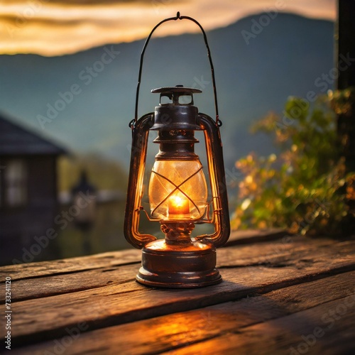 old oil lamp on a wooden background, an old kerosene lamp resting gracefully on a weathered wooden table, 