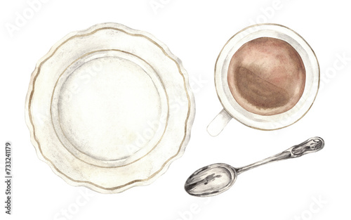 Watercolor set of ceramic dishes, a mug with tea, a plate and a spoon, top view. The illustration is hand drawn on an isolated background. Drawing for menu design, packaging, poster, website, textile.