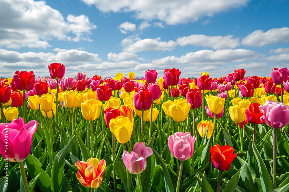 Vibrant red, yellow, and pink tulips flourish in an extensive field under a clear blue sky with fluffy white clouds.