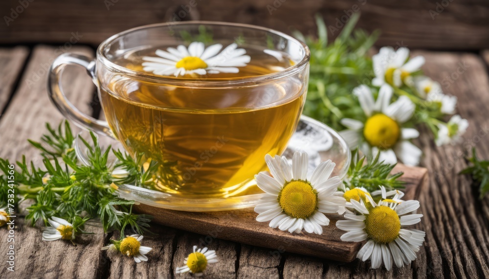 A cup of tea with flowers on the table A cup of tea with flowers on the table